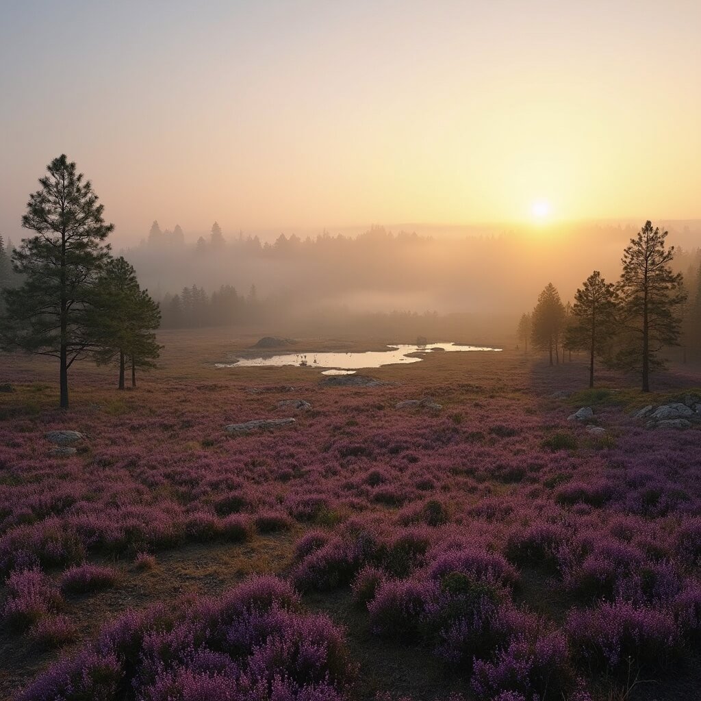 Kampina: Het Verborgen Natuurparadijs van Brabant Dat Je Absoluut Moet Ontdekken! Ultra-detailed landscape photograph capturing Kampina nature reserve at golden hour, showcasing blooming purple heather in the foreground, misty pine forests mid-ground with soft backlighting, glacial erratics, and shallow vennen reflecting an intricate landscape. The image emphasizes deep ecological diversity, featuring soft focus on the distant horizon with a natural palette of purple, green, and amber, while subtly highlighting silhouettes of grazing deer and bird movements.
