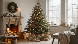 Transformeer Je Huis Met Kerstmis Knutselen Voor Volwassenen: Van Simpele Sneeuwbollen Tot Elegante Tafelversiering Huiselijke kerstdecoratie met handgemaakte sneeuwbollen, een kartonnen kerstboom en warme kaarslichtjes op een rustieke eiken salontafel, omringd door decoraties zoals houten sterren en vintage kerstballen, in een gezellige Nederlandse woonkamer tijdens het gouden uur.