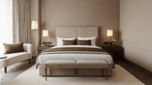 Hoe creëer ik een hotel chique slaapkamer die voelt als een luxe suite? Fotorealistische afbeelding van een luxe hotel chique slaapkamer met warme neutrale tinten, inclusief een kingsize bed met ivoorkleurig satijnen dekbed, fluwelen kussens en een donker walnoot visgraatparket.