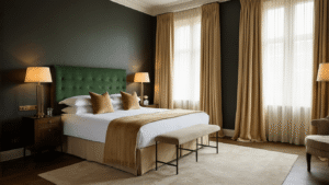 Warme Luxe Slaapkamer Inspiratie: Van Gewoon naar Wauw! Warme luxe slaapkamer met smaragdgroen getuft hoofdeinde, champagne fluwelen gordijnen, zijden dekbedovertrek in caramel tinten, hoogpolig crème vloerkleed, messing nachtkastlampen, kasjmier plaid, gouden fotolijsten op walnoot bijzettafel, verse orchideeën, intieme hotelsfeer, rijke kleuren en texturen.