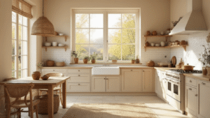 Beige Keuken: Tijdloze Elegantie die Nooit Uit de Mode Raakt Fotorealistisch interieur van een mediterrane keuken met zandbeige Shaker-kasten, lichte eikenhouten werkbladen en klassieke witte subwaytegels, verlicht door warm ochtendlicht.