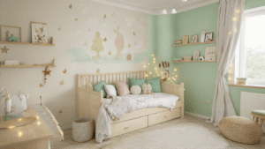 Meisjes Slaapkamer Inrichten: Van Droomkamer naar Realiteit Dromerige meisjes slaapkamer met mintgroene accentmuur, crème basis, houten huisbed, bosdieren muurstickers, leeshoek en fairy lights.