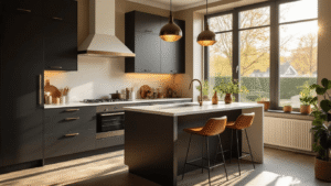 Waarom een Keukeneiland de Beste Investering voor Jouw Keuken is (En Hoe Je de Perfecte Kiest) Moderne Nederlandse keuken met wit kwartsblad, matzwarte kasten, leren barkrukken en gouden zonlicht.