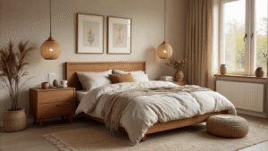 Het Perfecte Nachtkastje Kiezen: Jouw Gids voor Stijl en Functionaliteit Fotorealistisch interieur van een Nederlandse slaapkamer met een warm eikenhouten nachtkastje, zachte ochtendverlichting, en gezellige texturen, inclusief een juten kleed en linnen beddengoed, met een keramische lamp en een sansevieria plant.