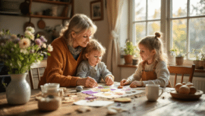 Moederdag Knutselen: Persoonlijke Cadeaus die Recht uit het Hart Komen Een gezellige Nederlandse huiskamer met warme ochtendlicht, een rustieke eiken tafel vol met knutselmateriaal zoals gekleurd papier, zoutdeeg kraaltjes en porseleinverf, omringd door handgemaakte cadeaus en creatieve rommel, met vintage houten stoeltjes en zachte linnen gordijnen.