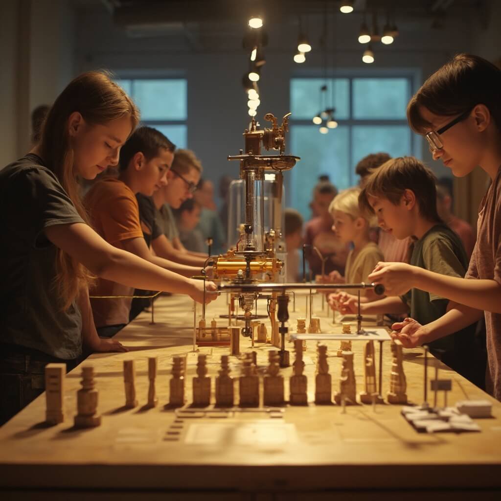 Ontdek het NEMO Science Museum: Amsterdam's Wetenschappelijke Wonderland Interactieve wetenschappelijke tentoonstelling in een museum met diverse bezoekers die gefascineerd zijn door een complexe kettingreactie-experiment, het moment vastgelegd in een dynamische foto met warm museumlicht.