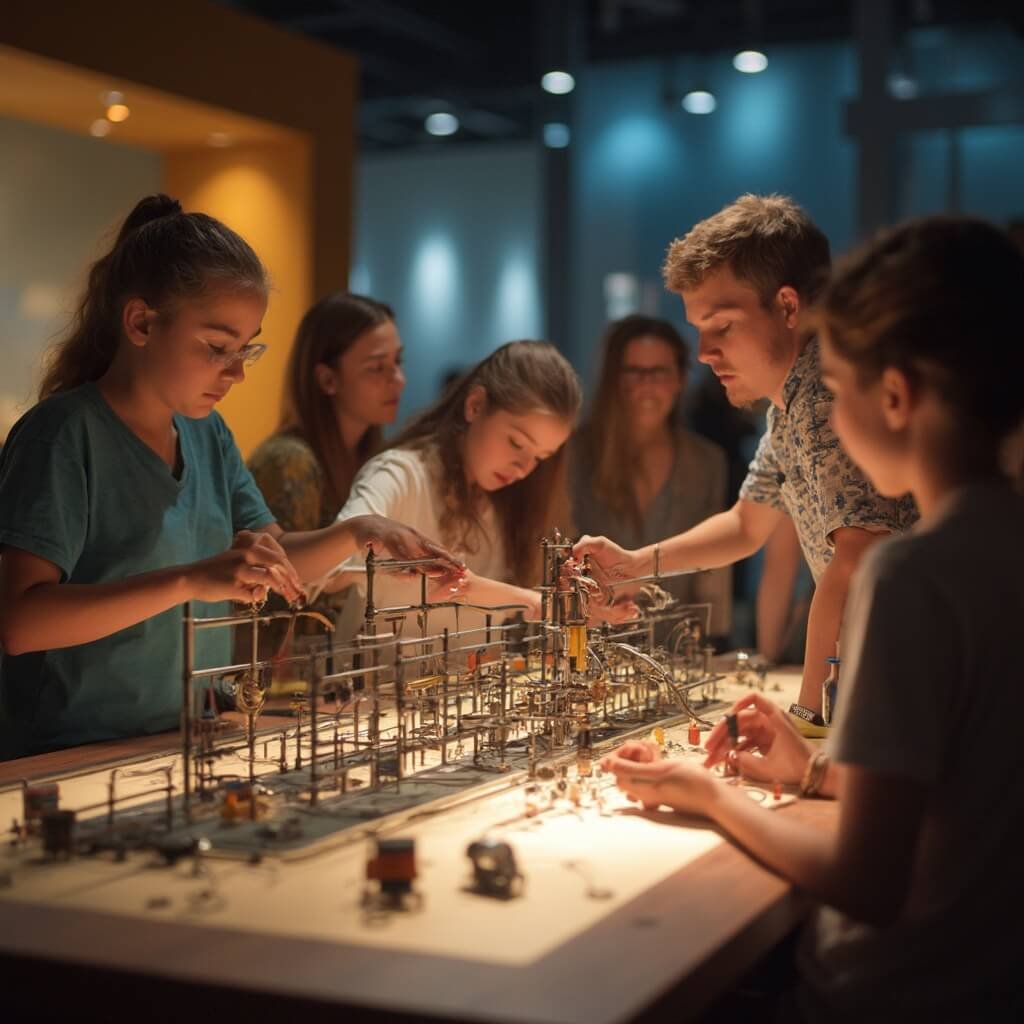 Ontdek het NEMO Science Museum: Amsterdam's Wetenschappelijke Wonderland A vibrant interior museum scene showing diverse visitors engaging with an interactive science exhibit, featuring a complex chain reaction experiment. The mid-action photograph highlights precision machinery in motion, with warm lighting and sharp focus on hands and mechanical details. Children and adults display expressions of wonder and concentration amidst the dynamic setup, captured in a natural photojournalistic style.