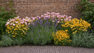 Hoe je een geveltuin aanpakt: bloemen en groen tegen je voorgevel Weelderige geveltuin met roze stokrozen, paarse lavendel en gouden goudsbloemen tegen een verweerde rode bakstenen muur, gevangen in het gouden uur.
