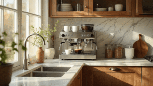 De Perfecte Koffiehoek in Je Keuken Creëren: Van Chaos naar Koffiehemel Cinematografische weergave van een stijlvolle koffiehoek in een Nederlandse keuken met wit marmeren aanrecht, warme eiken kasten en een roestvrijstalen espressomachine, verlicht door natuurlijk ochtendlicht.