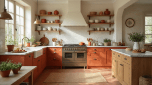 Een Warme Keuken Creëren: Van Koud Kookpaleis naar Gezellig Hart van je Huis Fotorealistische Nederlandse keuken met terracotta kasten, marmeren werkblad, en warm licht, vol natuurlijke texturen en keramiek, in een gezellige sfeer.