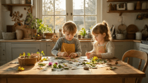 Knutselen voor Kinderen: 25+ Creatieve Projecten die Ik Thuis Getest Heb Een kind aan een grote eiken eettafel in een moderne Nederlandse keuken, bezig met het maken van een natuurcollage met bladeren, takjes en bloemen, onder warme gouden uurverlichting.