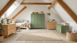 Zo Maak Je Van Jouw Zolderslaapkamer Een Droomkamer: Praktische Inrichtingstips Warme, moderne Nederlandse zolderslaapkamer met houten balken en schuine wanden, uitgerust met trapsgewijze meubels, een platformbed, en natuurlijke elementen, verlicht door Velux ramen voor een serene sfeer.