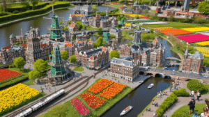 Ontdek Madurodam: Nederlands Wonderland in Miniatuur Panoramic bird's eye view of Madurodam miniature park featuring 1:25 scale replicas of Dutch landmarks such as Amsterdam canal houses, windmills, tulip fields, and the Rijksmuseum, with tiny moving trains and boats, all under bright daylight in a vibrant heritage theme park setting.