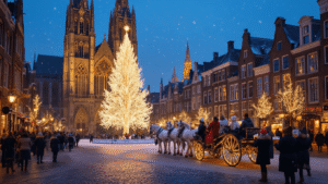 De Magische Winterwereld van Nijmegen: Ontdek de Meest Betoverende Winterevenementen van 2025-2026! A magical winter scene in historic Nijmegen's Grote Markt square at twilight, with a glowing 8-meter tall Winter Wish Tree inside the illuminated Gothic Stevenskerk church, white horses pulling an ornate carriage through cobblestone streets, ice queens on stilts, street musicians, and snow gently falling on medieval architecture, creating an enchanting winter wonderland atmosphere during the Winter Wonder Parade festivities.