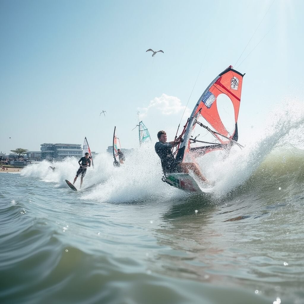 Scheveningen Strand: De Ultieme Nederlandse Kustbestemming Die Je Niet Wilt Missen! Actieve sportfotografie van windsurfers en kitesurfers die golven bedwingen bij Noorderstrand, met meerdere atleten in de lucht, spetters zeewater, moderne strandclubs en pierstructuren op de achtergrond, vanuit een groothoekperspectief, bevroren beweging met scherpe details, in helder daglicht, die de energieke maritieme cultuur van de Nederlandse kustlevensstijl vastlegt.