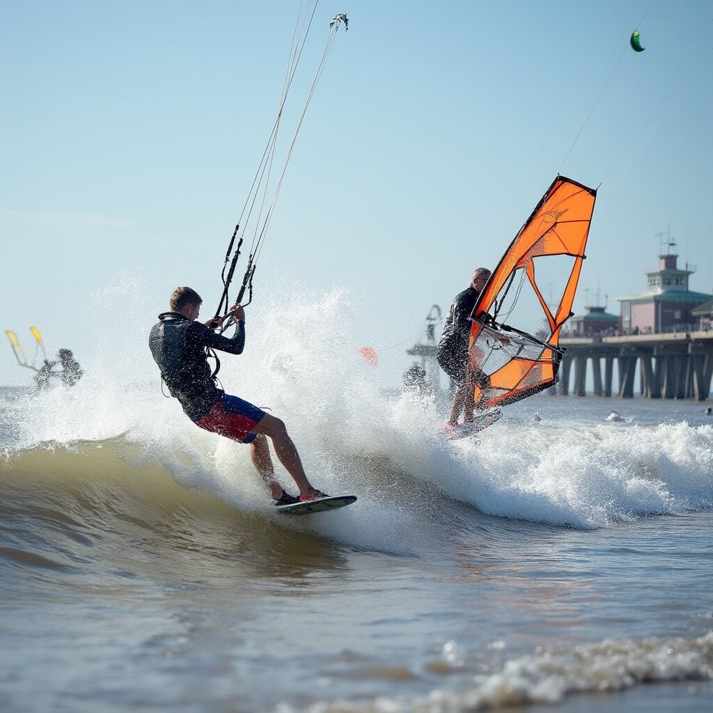 Scheveningen Strand: De Ultieme Nederlandse Kustbestemming Die Je Niet Wilt Missen! Dynamic action shot of windsurfers and kitesurfers at Noorderstrand, featuring athletes mid-jump with seawater spray, modern beach clubs and pier in the background, highlighting the vibrant Dutch coastal lifestyle in bright daylight.