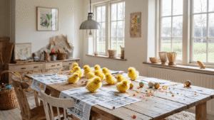 Pasen Knutselen: Creatieve Ideeën die Elk Kind (en Volwassene) Blij Maken Een rustieke Nederlandse woonkamer tijdens het gouden uur, met een eiken boerderijstafel bedekt met knutselmaterialen voor Pasen, waaronder gele handafdruk paaskuikens, wiebelogen, glitter paaseieren en kartonnen konijnen, omgeven door warme tinten en zacht licht.