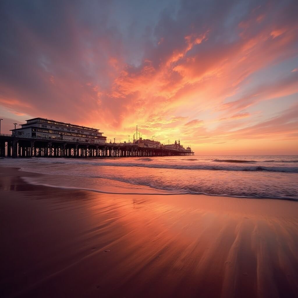 Scheveningen Strand: De Ultieme Nederlandse Kustbestemming Die Je Niet Wilt Missen! Wide-angle sunset view of Scheveningen beach featuring the silhouetted 382-meter pier against a vibrant orange and pink sky, the historic Kurhaus Hotel in the background, with soft golden sand and gentle waves in the foreground, showcasing the harmony between urban landscape and natural coastline.