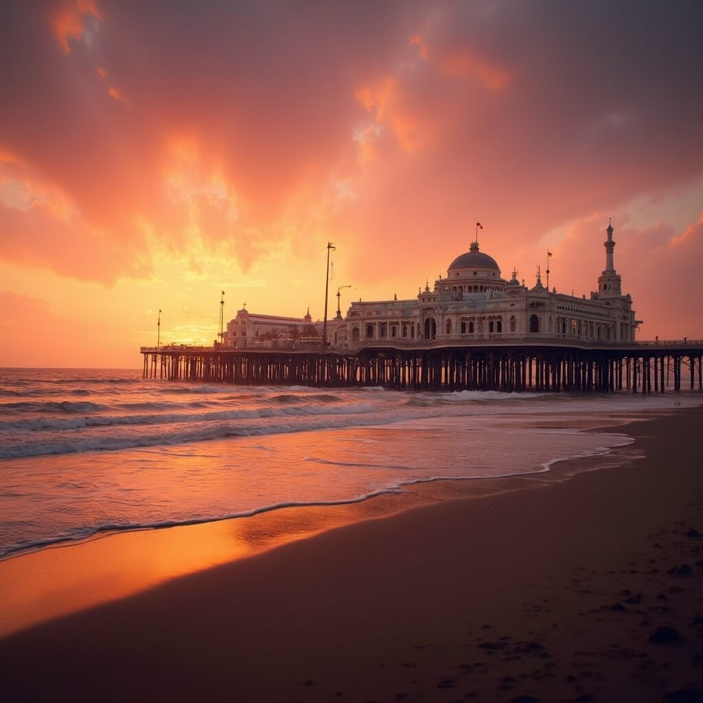 Scheveningen Strand: De Ultieme Nederlandse Kustbestemming Die Je Niet Wilt Missen! Atmosferische groothoekfotografie van het strand van Scheveningen tijdens zonsondergang, met de 382-meter pier silhouet tegen een levendige oranje en roze lucht, het historische Kurhaus Hotel op de achtergrond, zacht gouden zand op de voorgrond, subtiele golven die binnenrollen, een naadloze combinatie van stedelijk landschap en natuurlijke kustlijn, hoge resolutie, cinematische belichting, gedetailleerde architectonische elementen, dramatische luchtverloop.