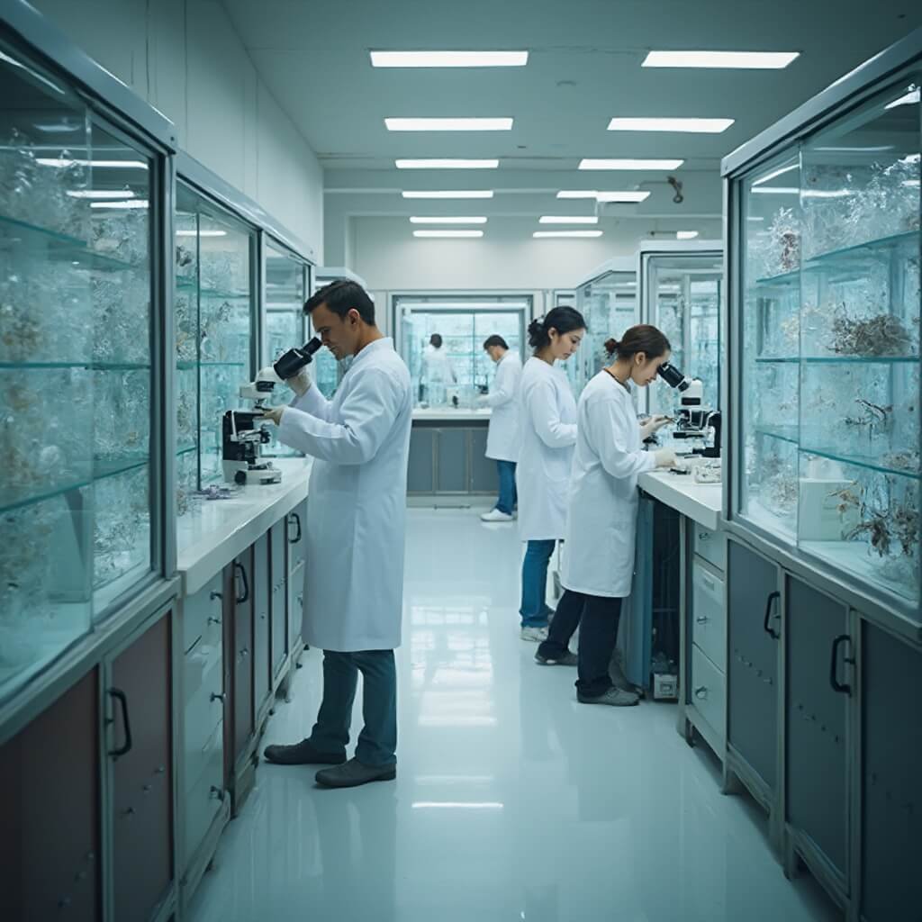 Een museum als geen ander: Naturalis Biodiversity Center uitgelegd Hypergedetailleerd interieur van een wetenschappelijk onderzoeks laboratorium, met meerdere onderzoekers in witte lab jassen die microscopische biologische monsters bestuderen.