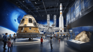 Ontdek de Ruimte: Space Expo Noordwijk - Jouw Poort naar de Sterren! A vibrant interior of the Space Expo Noordwijk museum showcasing André Kuipers' Soyuz spacecraft in the foreground, with visitors engaging with a life-sized International Space Station replica, an Ariane rocket display, and interactive exhibits in a captivating, atmospheric setting.