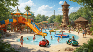 Ontdek het Ultieme Familie-Avontuur: Speelland Beekse Bergen - Waar Plezier Geen Grenzen Kent! A lively family scene at Speelland Beekse Bergen featuring excited children aged 4-12 playing on colorful water slides, jumping on trampolines, and driving mini cars at Verkeersland, surrounded by tropical themed outdoor areas, sandy beaches, the Tiki Tower climbing structure, and families enjoying Big Wheels activities, all under bright summer lighting with lush greenery and safari buggy rides in the background.