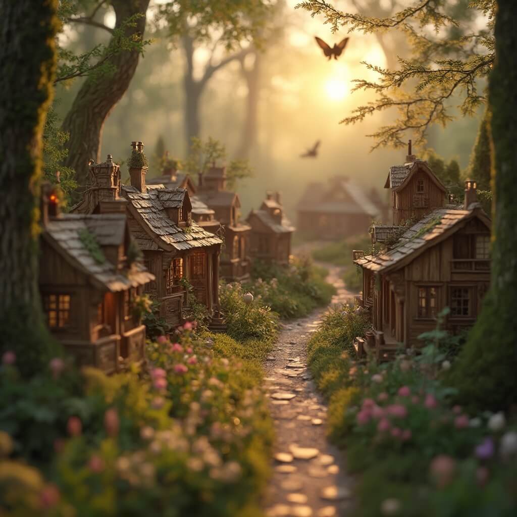 De Efteling: Een Magische Reis Door Nederlands Meest Sprookjesachtige Pretpark Photorealistic wide-angle landscape of Sprookjesbos at golden hour, showcasing intricate handcrafted fairy tale scenes with soft lighting, surrounded by a Dutch forest of moss-covered trees, creating a warm, magical atmosphere.