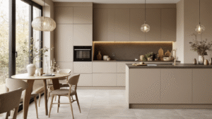 De Perfecte Taupe Keuken: Waarom Deze Warme Kleur Je Droomkeuken Wordt Elegante taupe keuken met matte greige kasten, natuurlijk licht, donker graniet werkblad, moderne keukeneiland en gezellige sfeer.
