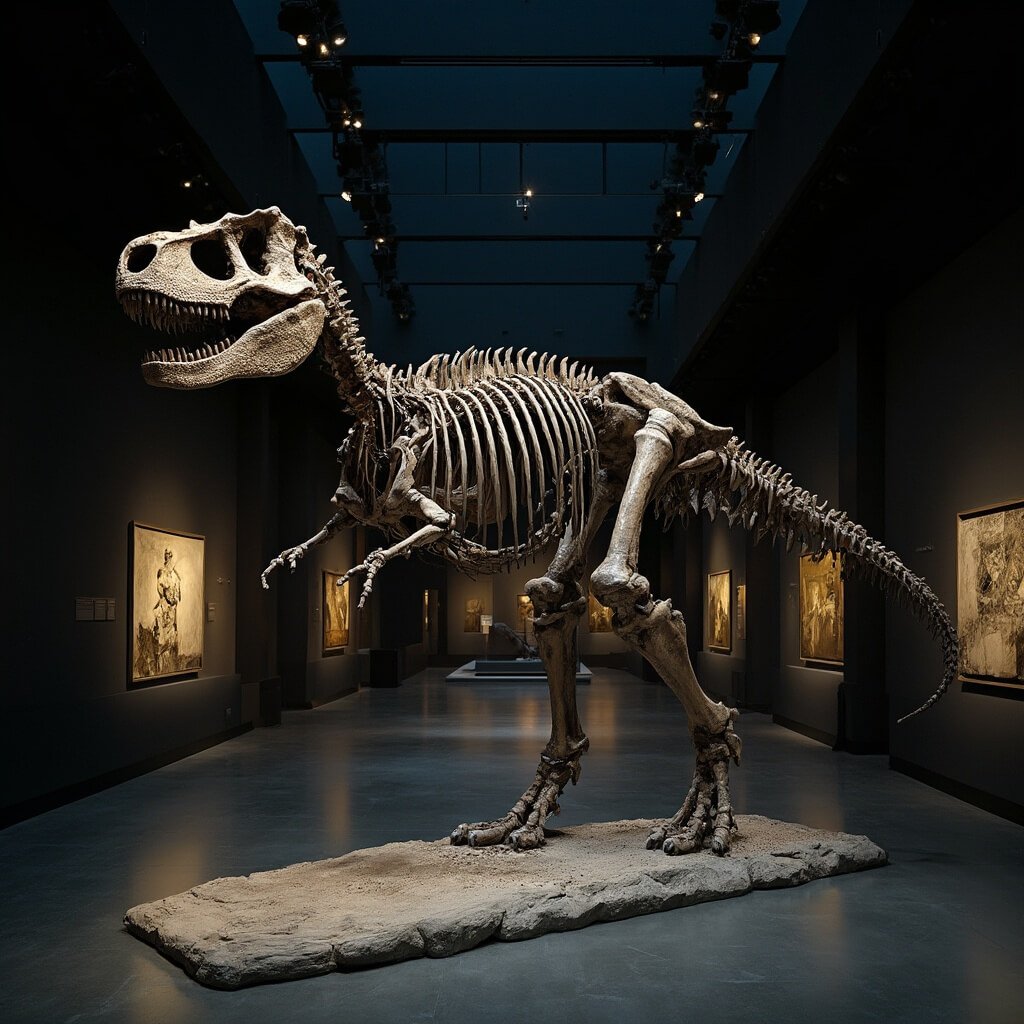 Een museum als geen ander: Naturalis Biodiversity Center uitgelegd Ultra-realistische foto van een enorme museumgalerij met een complete Tyrannosaurus Rex-skelet (Trix), dramatisch belicht.