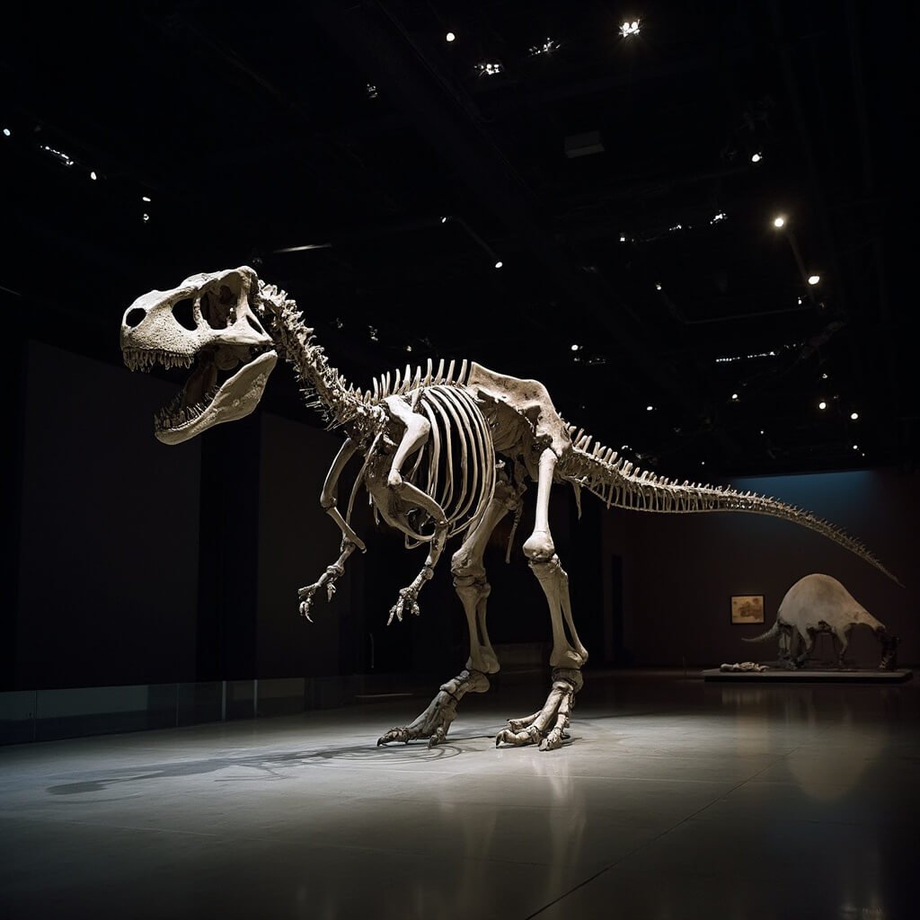 Een museum als geen ander: Naturalis Biodiversity Center uitgelegd Ultra-realistic image of a complete Tyrannosaurus Rex skeleton named Trix displayed in a dramatically lit museum gallery, with soft lighting accentuating the intricate bone structure against a dark background, showcasing precise scientific details and dramatic presentation.