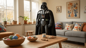 Hartverwarmende Vaderdagknutsels Met Peuters: 15 Simpele Ideeën Die Papa Echt Leuk Vindt Een warme Nederlandse woonkamer met handgemaakte Vaderdagknutsels op een eiken salontafel, waaronder gekleurde stenen, een klei handafdruk kommetje en versierde ijslollystokjes. Zonlicht filtert door sheer gordijnen op een donkerblauwe fluwelen bank met crème kussens, met knutselspullen verspreid, zoals acrylstiften en luchtdrogende klei.