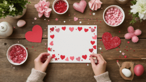 Valentijn knutselen: 25+ creatieve ideeën die je hart sneller doen kloppen Interieur van een boerderijkeuken met een eettafel vol Valentijnknutselspullen, waaronder papieren hartjes, glitter en kleurpotloden, verlicht door zacht middaglicht.