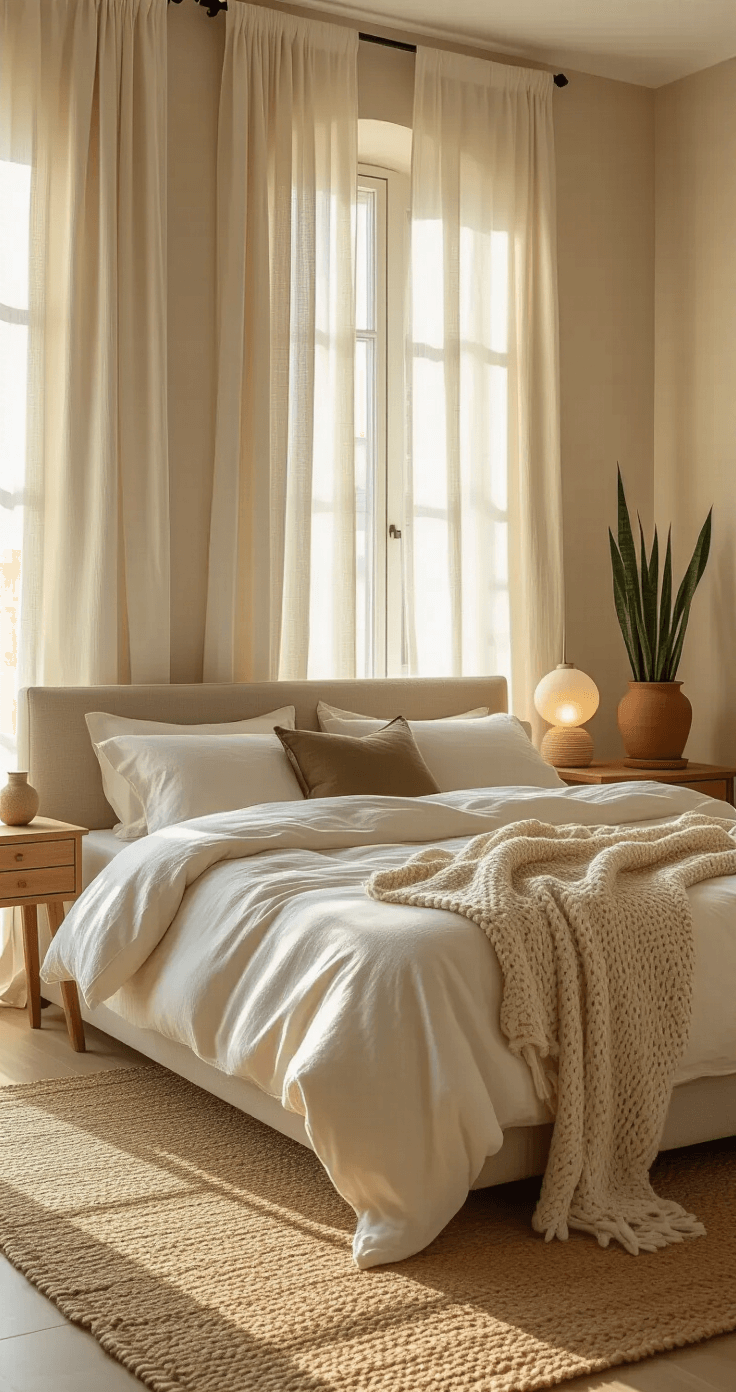 Natuurtinten in de slaapkamer Een ruime slaapkamer in warme aarde tinten, verlicht door het gouden uurlicht dat door sheer linnen gordijnen filtert. Een kingsize bed met warme witte katoenen lakens, olijfgroene linnen kussens en een chunky gebreide wollen deken in champagne. Licht eiken nachtkastjes met bijpassende keramische lampen stralen een zacht warm licht uit. Een accentmuur in rijk taupe tegenover de rest van de muren in warm off-white met subtiele grijstinten. Een grote jute vloerkleed en een sanseveria plant in een terracotta pot bij het raam versterken de serene uitstraling.