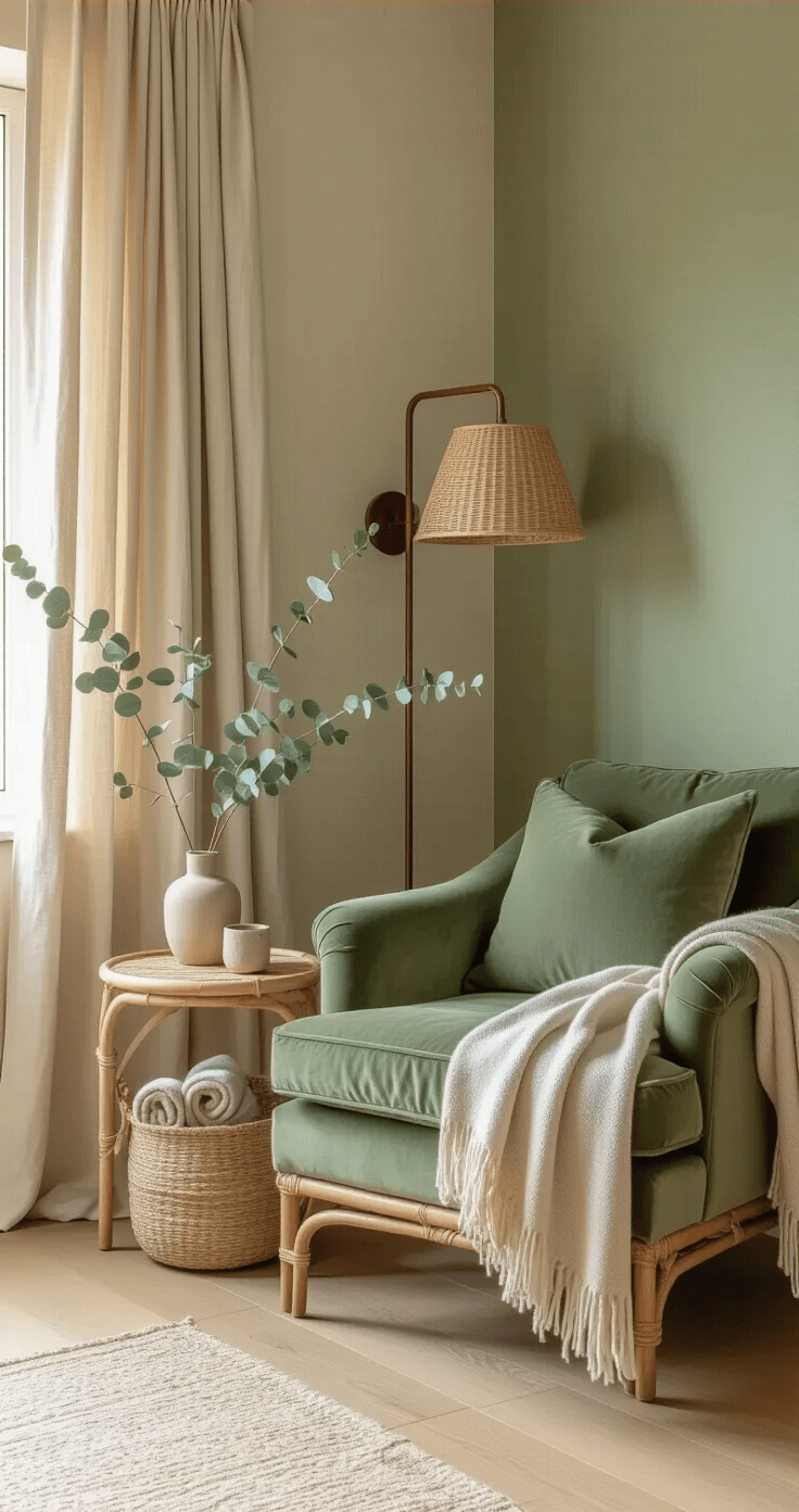 Natuurtinten in de slaapkamer Intieme hoek van een natuurlijk getinte slaapkamer in het ochtendlicht, met een gezellige leeshoek en een groene fluwelen fauteuil, een bamboe bijzettafel, beige linnen gordijnen en een mosgroene accentmuur. Een keramisch vaasje met gedroogde eucalyptus en een olijfgroen wollen plaid op de leuning creëren een serene sfeer. Licht eikenhouten vloer met een geweven mand vol linnen textiel, rieten lampenkap, stenen accessoires en geborsteld bronzen hardware. Zacht ochtendlicht valt diagonaal over de scene, benadrukt organische texturen en creëert een contemplatieve sfeer.