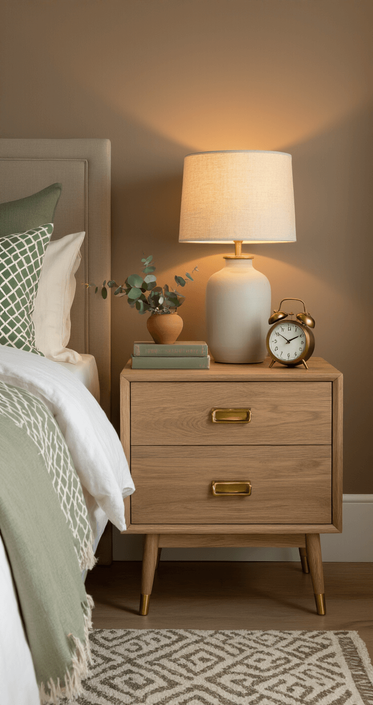 Natuurtinten in de slaapkamer Symmetrische nachtkastje styling scène tijdens de warme gloed van de zonsondergang, met een lichtwalnoten nachtkastje, keramische tafellamp met linnen schaduw, eucalyptus in terracotta, een hardcover boek in saliegroen en een bronzen wekker; op de achtergrond linnen beddengoed in zandkleur en geometrische kussens in mosgroen en champagne.