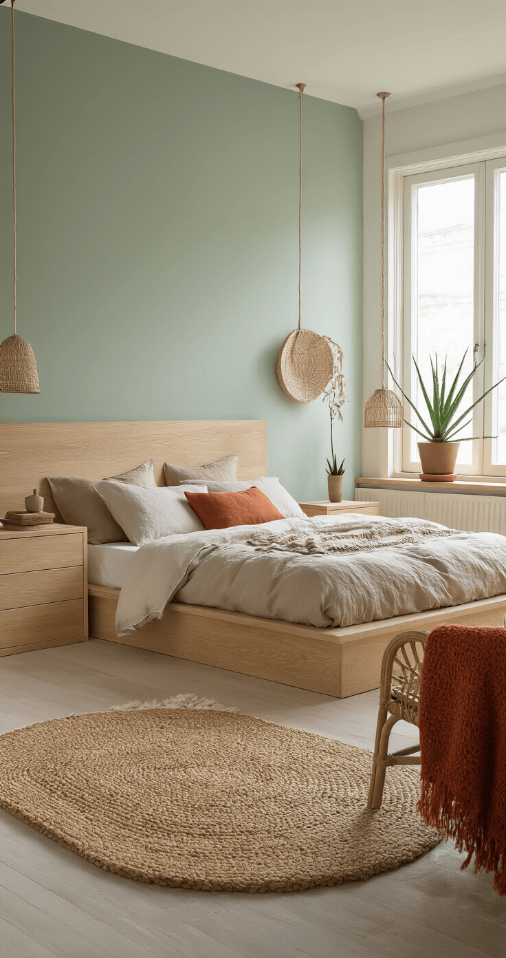 Natuurtinten in de slaapkamer Een overzicht van een slaapkamer in zacht namiddaglicht, met lichte eiken meubels, een platformbed, bijpassende commode en drijvende nachtkastjes. De muren zijn in gebroken wit met een accenten muur in verweerd mintgroen. De teksten zijn gelaagd met een linnen dekbedovertrek in crème, katoenen lakens in warm wit, en een chunky wollovertrek in terracotta. Een groot wollen vloerkleed in natuurlijke jute verankert het zitgedeelte met een moderne rieten stoel. Planten zoals een aloë vera op de vensterbank en een lepelplant in de hoek zijn strategisch geplaatst. De camera vanuit de ingang van de slaapkamer vangt de hele ruimte. Verspreid natuurlijk licht door bamboe raambekleding creëert een evenwichtige en harmonieuze leefomgeving.