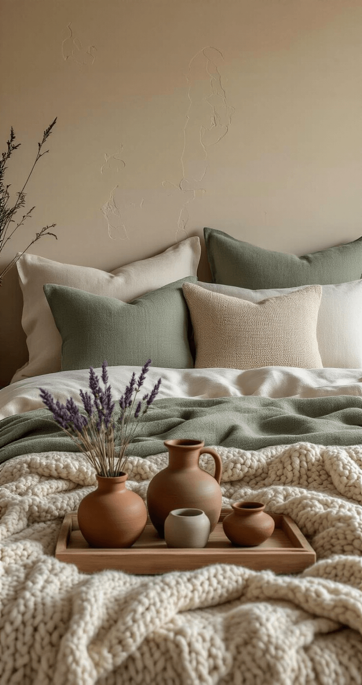 Natuurtinten in de slaapkamer Nabijzicht van een bedhoek met luxe linnen beddengoed in champagnekleuren, aangevuld met een handgebreide wollen deken in mosgroen en decoratieve kussens in aardetinten, verlicht door warm interieurlicht tijdens het blauwe uur.