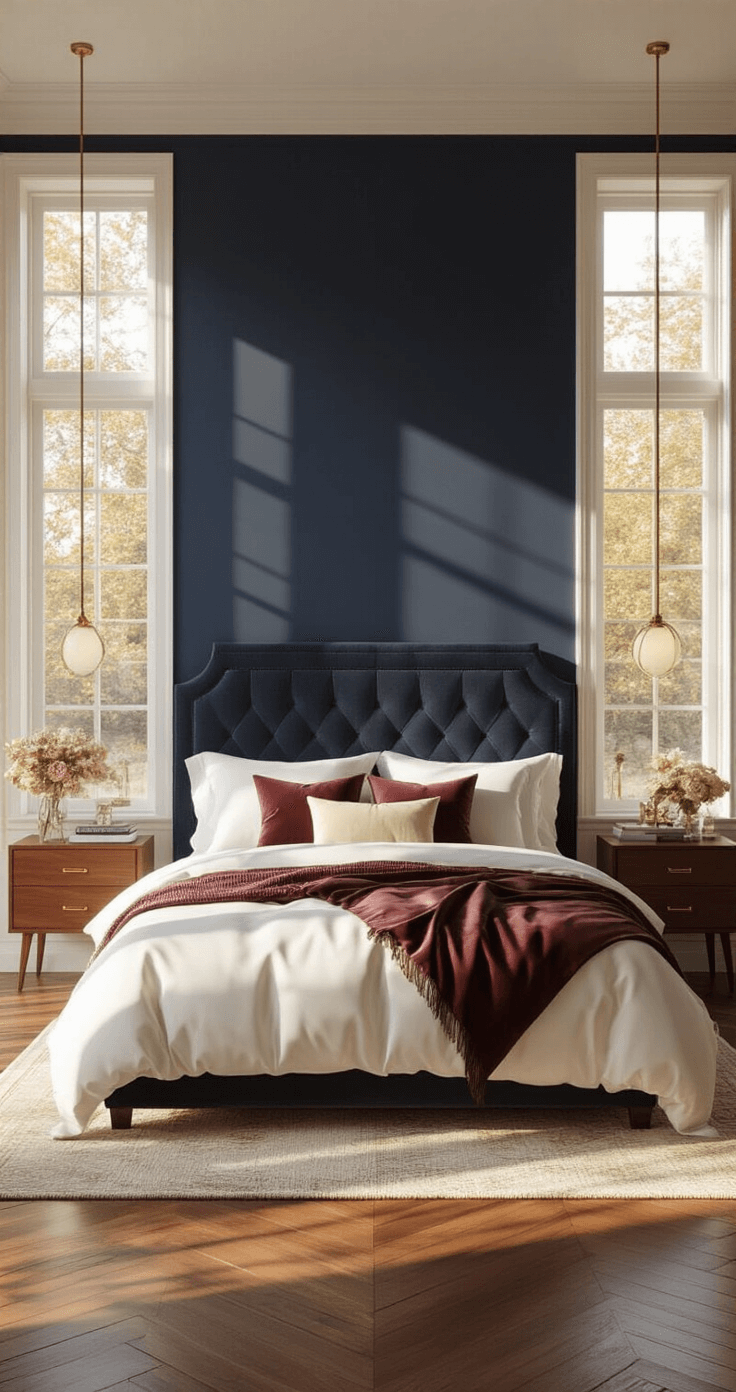 Hotel Chique Slaapkamer Creëren: De Ultieme Gids voor Luxe en Comfort Photorealistic interior of a spacious Dutch bedroom with a king-size bed, upholstered charcoal velvet headboard, deep navy accent wall, and warm wooden floors illuminated by golden hour sunlight, featuring crisp white linens and burgundy floral duvet, surrounded by symmetrical walnut nightstands with brass hardware.
