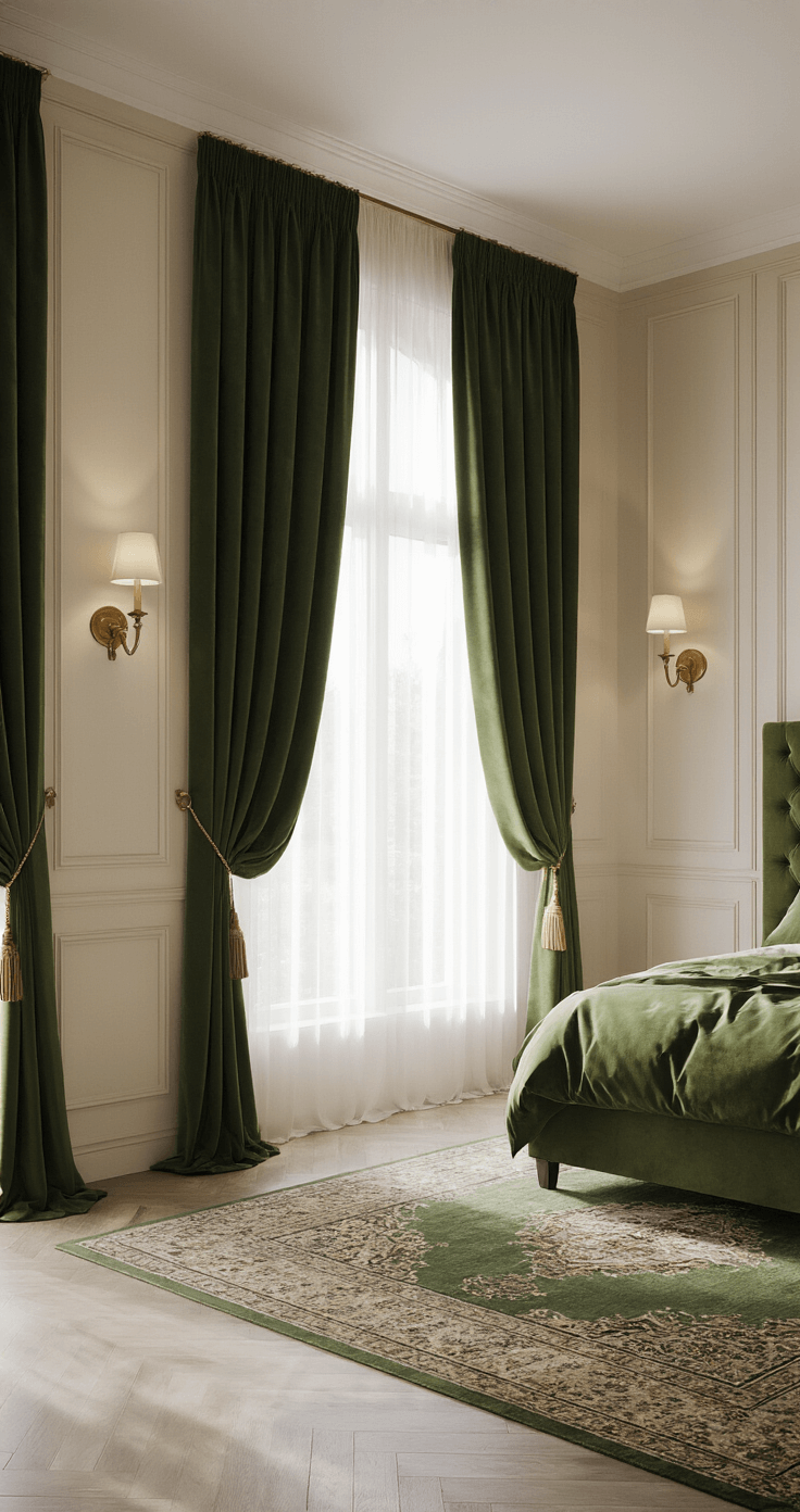 Hotel Chique Slaapkamer Creëren: De Ultieme Gids voor Luxe en Comfort Elegant Dutch bedroom featuring floor-to-ceiling emerald velvet curtains, late afternoon light casting patterns on cream walls, with matching brass sconces and a tufted sage headboard, anchored by a Persian-style rug on polished concrete floors.