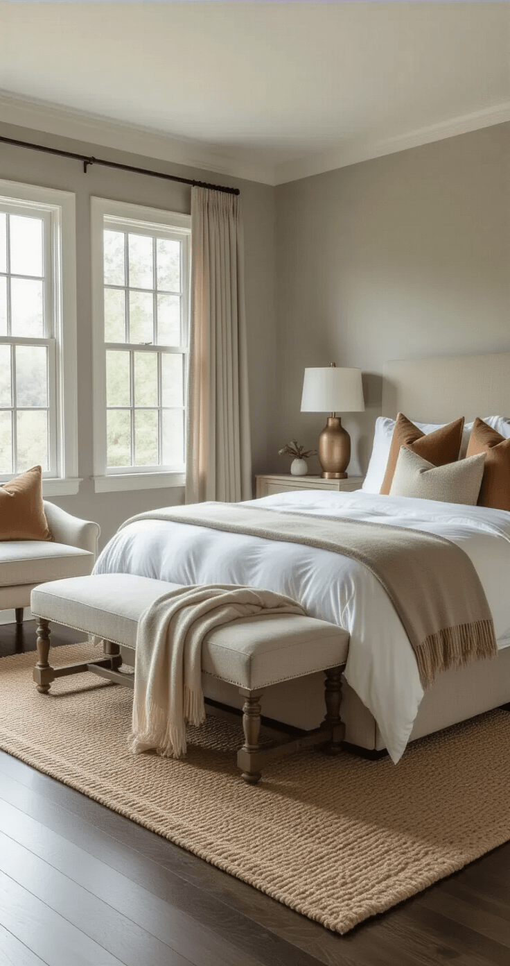 Hotel Chique Slaapkamer Creëren: De Ultieme Gids voor Luxe en Comfort High-end Dutch bedroom interior with a king bed dressed in Egyptian cotton sheets and a cashmere throw, featuring sophisticated textiles, warm grey walls, and natural lighting.