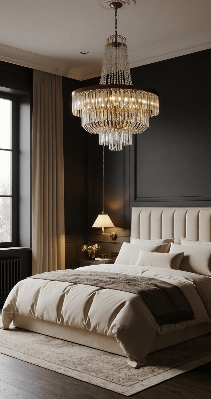 Hotel Chique Slaapkamer Creëren: De Ultieme Gids voor Luxe en Comfort Atmospheric Dutch master bedroom with dimmed ambient lighting, featuring a central brass and crystal chandelier above a king bed, deep charcoal walls, and rich textures in bedding and window treatments.