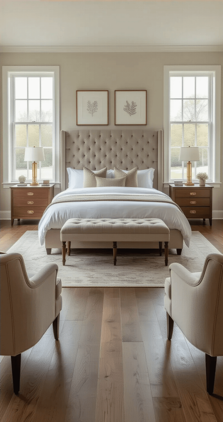Hotel Chique Slaapkamer Creëren: De Ultieme Gids voor Luxe en Comfort Photorealistic wide-angle view of a symmetrically designed Dutch bedroom featuring a king bed with a tufted headboard, matching walnut nightstands with brass hardware, decorative objects, and velvet armchairs, all illuminated by mid-morning natural light.
