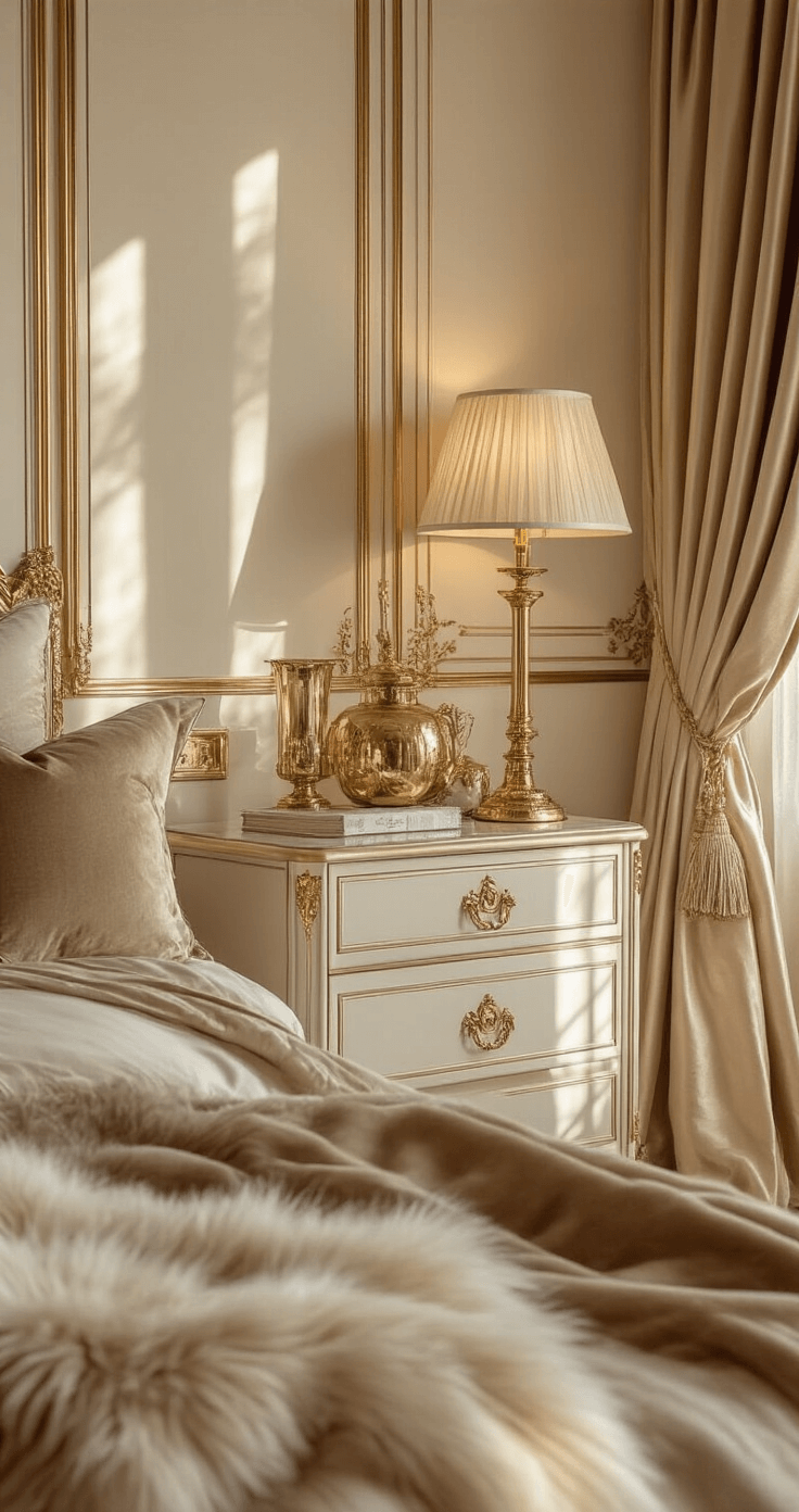 Hotel Chique Slaapkamer Creëren: De Ultieme Gids voor Luxe en Comfort Luxurious Dutch bedroom detail featuring brass accents and a warm beige color scheme, with sunlight highlighting metallic elements like lamp bases and mirror frames, accompanied by rich textures including faux fur and velvet.