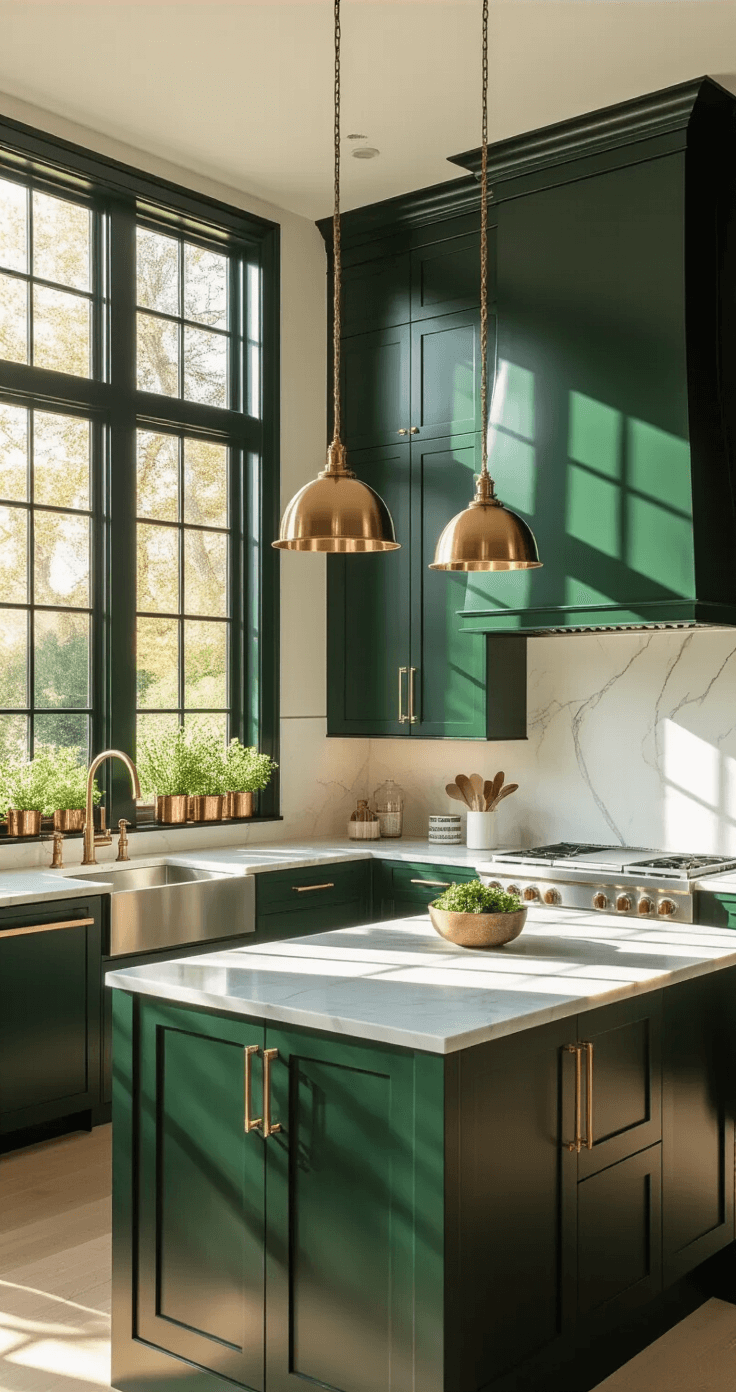 De Perfecte Groene Keuken: Waarom Groen Jouw Beste Kleurkeuze Is (En Hoe Je Het Goed Doet) Luxueuze keukenscène in diepgroene tinten met marmeren werkbladen en gouden accenten, vastgelegd in warm avondlicht.
