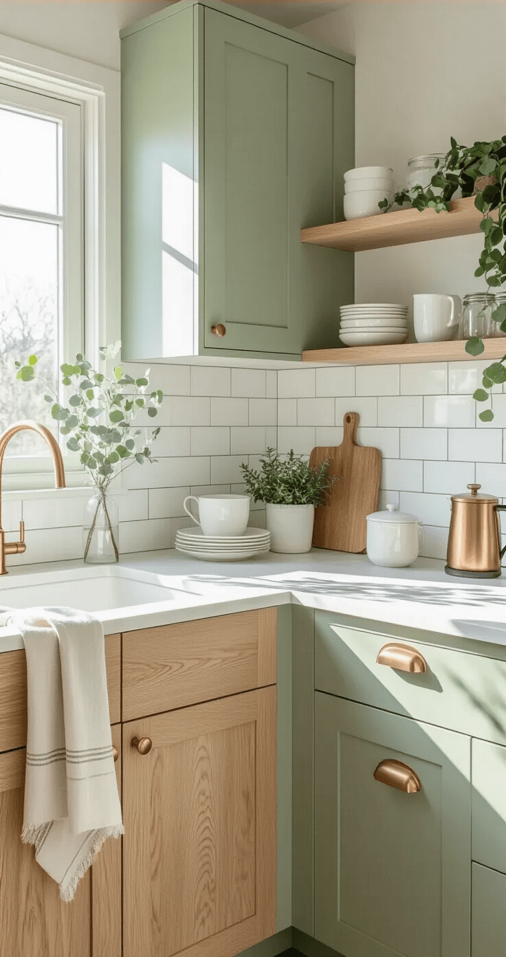 De Perfecte Groene Keuken: Waarom Groen Jouw Beste Kleurkeuze Is (En Hoe Je Het Goed Doet) Intieme hoekweergave van een Scandinavian-geïnspireerde sage groene keukenhoek in zacht ochtendlicht, met matte sage groene bovenkasten, natuurlijke eiken onderkasten en witte kwarts aanrechtbladen.