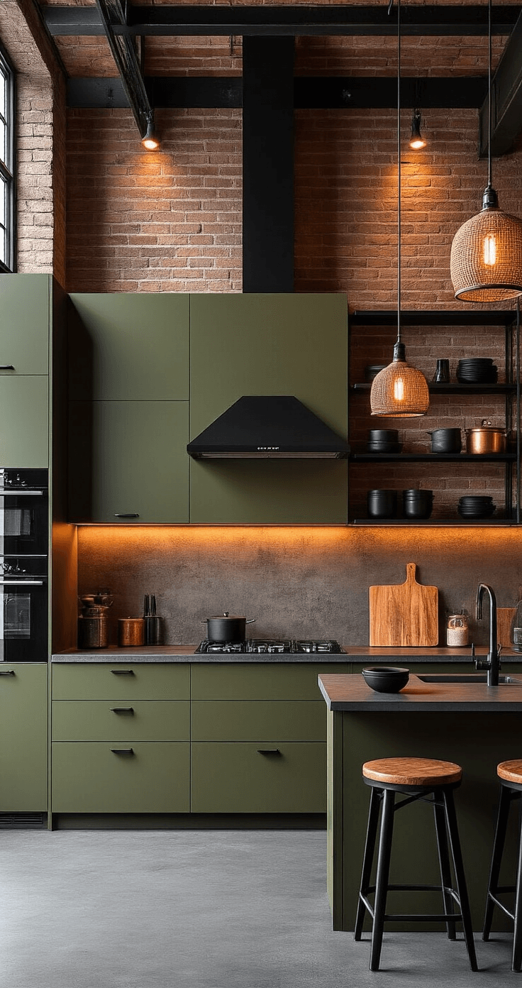 De Perfecte Groene Keuken: Waarom Groen Jouw Beste Kleurkeuze Is (En Hoe Je Het Goed Doet) Dramatische lage hoekopname van een moderne industriële olijfgroene keuken in de avond, met open ruimte, matte olijfgroene onderkasten, zwarte stalen bovenrekken, warm Edison-gloeilampverlichting en een accentmuur van blootgelegd metselwerk.