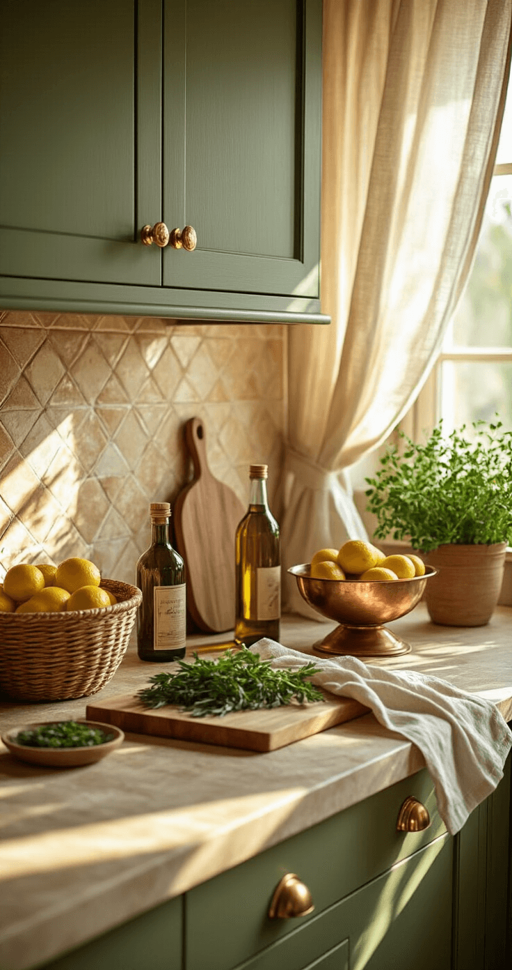 De Perfecte Groene Keuken: Waarom Groen Jouw Beste Kleurkeuze Is (En Hoe Je Het Goed Doet) Dichtbij opname van een mediterrane keuken met olijfgroene kastdeuren, travertijn werkblad en terracotta backsplash, badend in warm middaglicht en schaduwen van linnen gordijnen.
