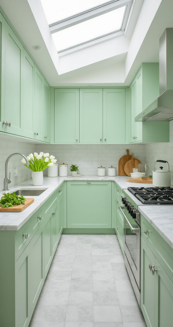 De Perfecte Groene Keuken: Waarom Groen Jouw Beste Kleurkeuze Is (En Hoe Je Het Goed Doet) Bovenaanzicht van een smalle mintgroene gangkeuken, verlicht door ochtendlicht, met marmeren aanrecht en witte penny-tegels, voorzien van verse tulpen en kruiden.
