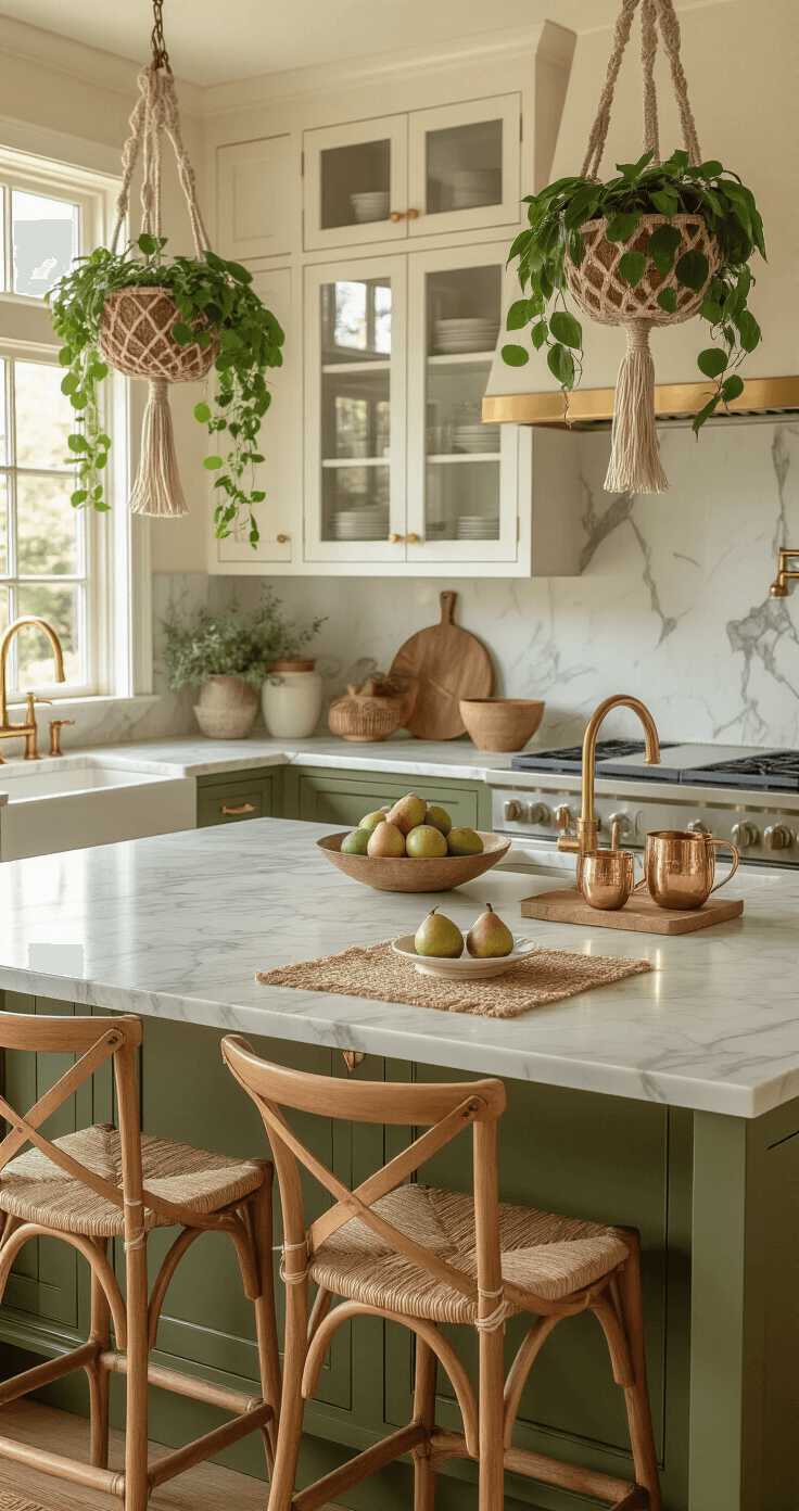De Perfecte Groene Keuken: Waarom Groen Jouw Beste Kleurkeuze Is (En Hoe Je Het Goed Doet) Een boho-luxe keuken met een groot marmeren kookeiland, olijfgroene kasten, messing poten en houten barkrukken. Warme namiddagverlichting creëert schaduwen op texturen, met hangende macramé planten en koperen Moscow mule mokken. Decoratieve borden van natuurlijk hout, geweven placemats en vintage messing kandelaren. Geproduceerd vanuit de hoogte van de barkruk, benadrukt de ontspannen sfeer de mix van olijfgroen en warme metalen.