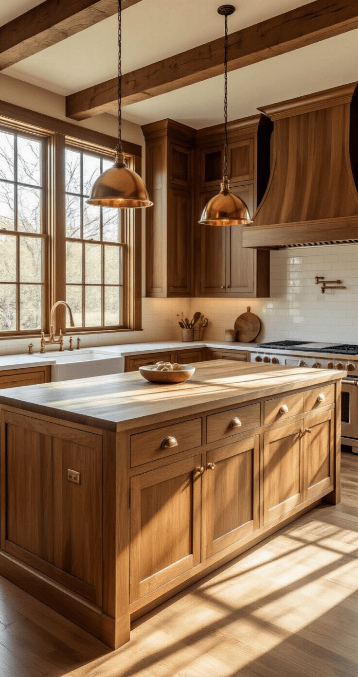 Waarom een houten keuken de perfecte keuze is voor jouw droomhuis Professionele interieurfotografie van een luxe houten keuken, met rijk eikenhout, grote ramen die warm gouden uurlicht laten binnenkomen, een massief snijplank eiland, traditionele messing hardware en natuurlijke houten texturen.